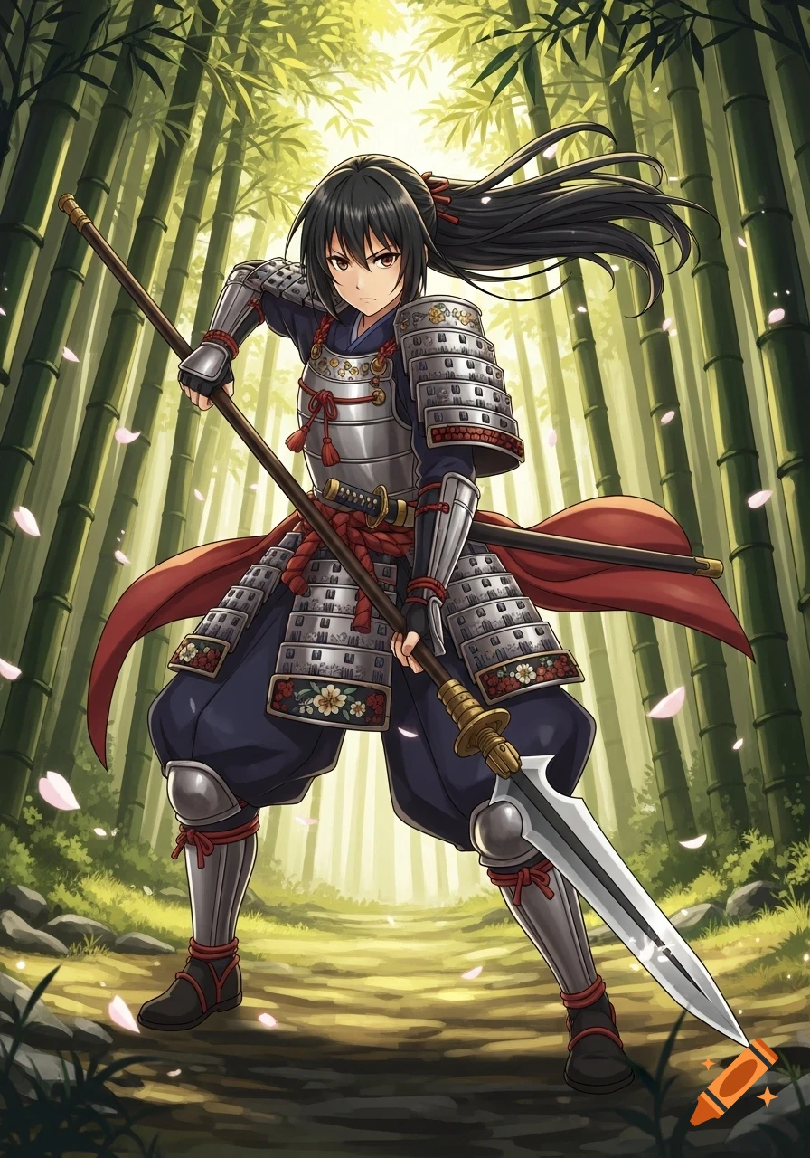 Anime illustration of a determined young female samurai in armor holding a spear in a bamboo forest with falling pink petals.