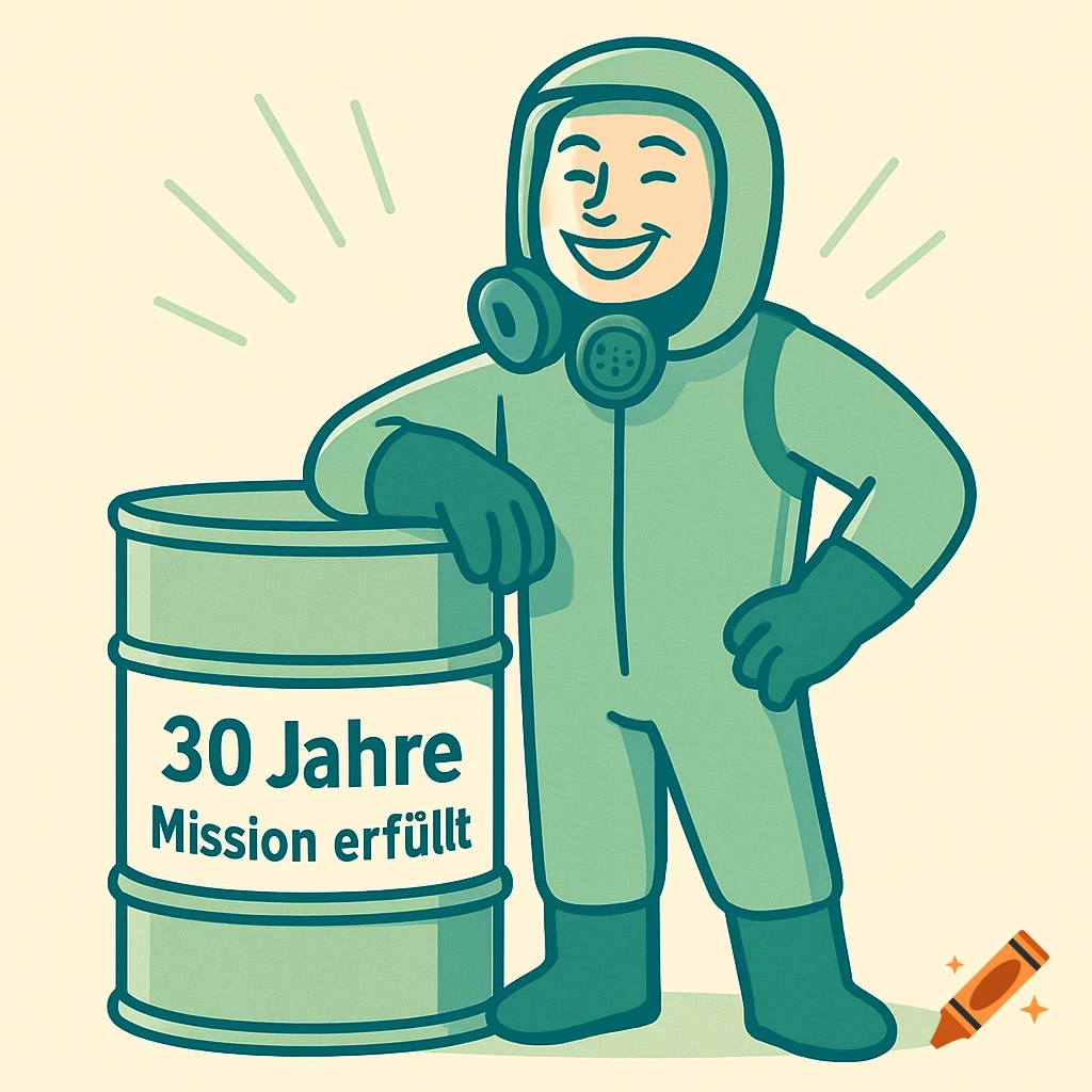 A cheerful cartoon hazmat worker in a green suit and mask leans on a barrel labeled '30 Jahre Mission erfüllt'.