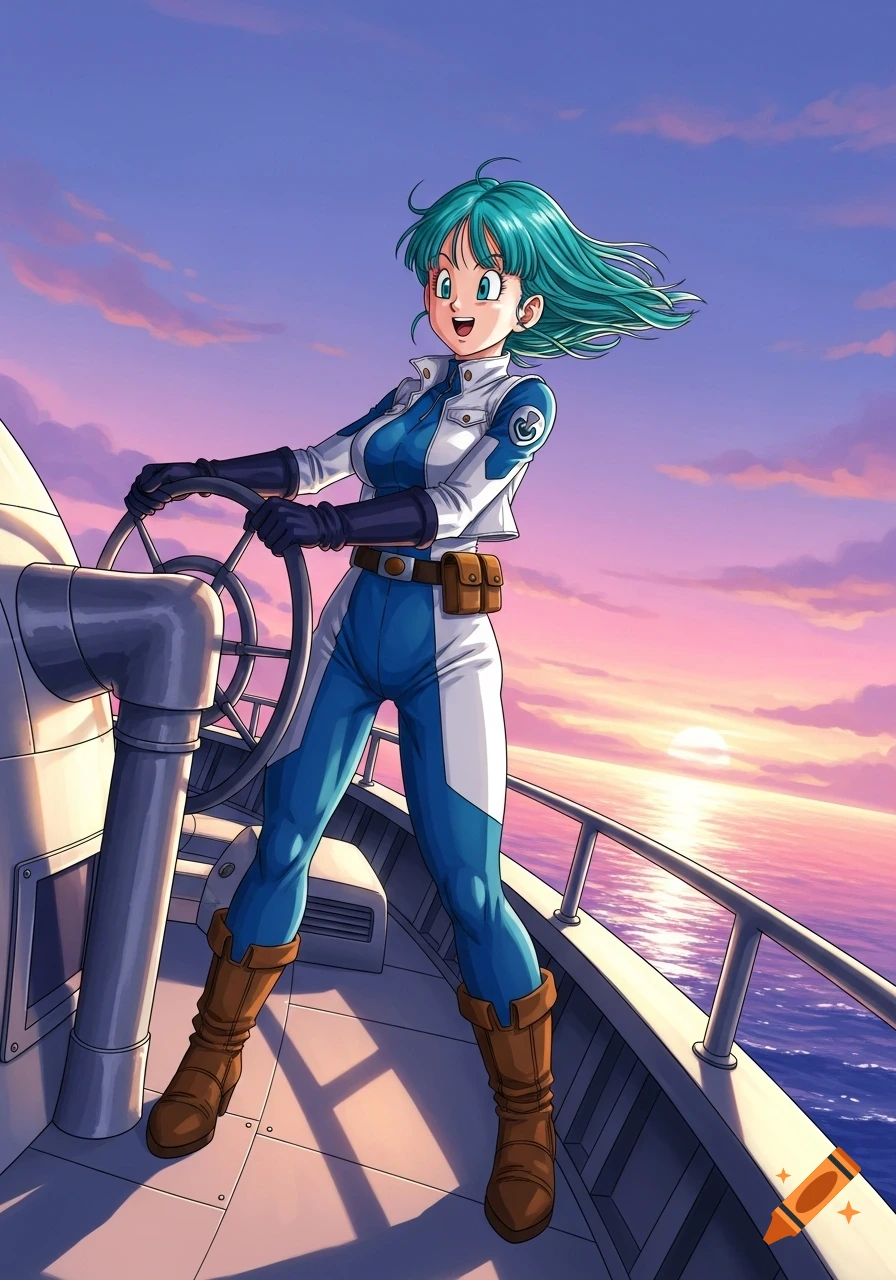 Bulma from Dragon Ball Z, with teal hair, smiling and steering a futuristic boat at sunset.