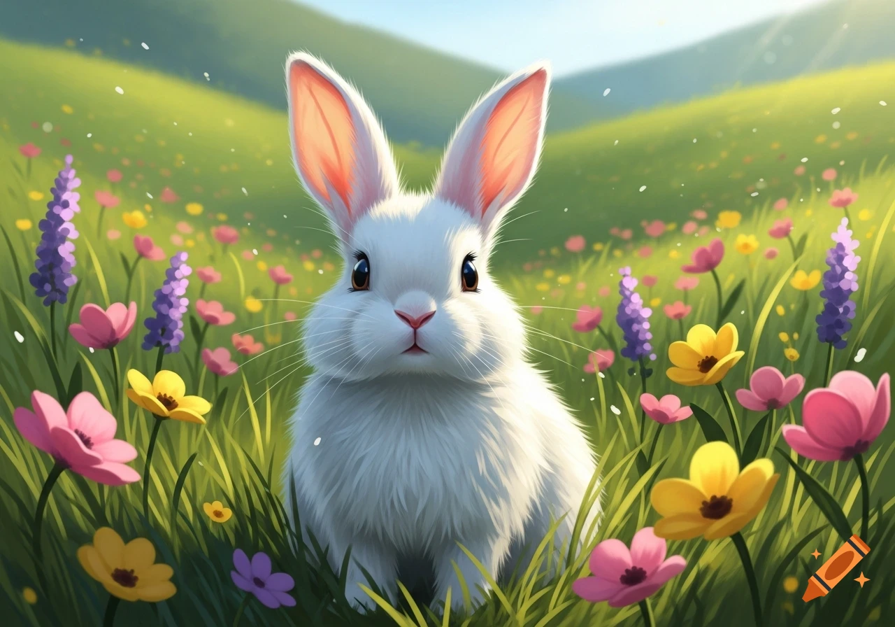 A fluffy white bunny sits among colorful pink, yellow, and purple flowers in a sunny green field.