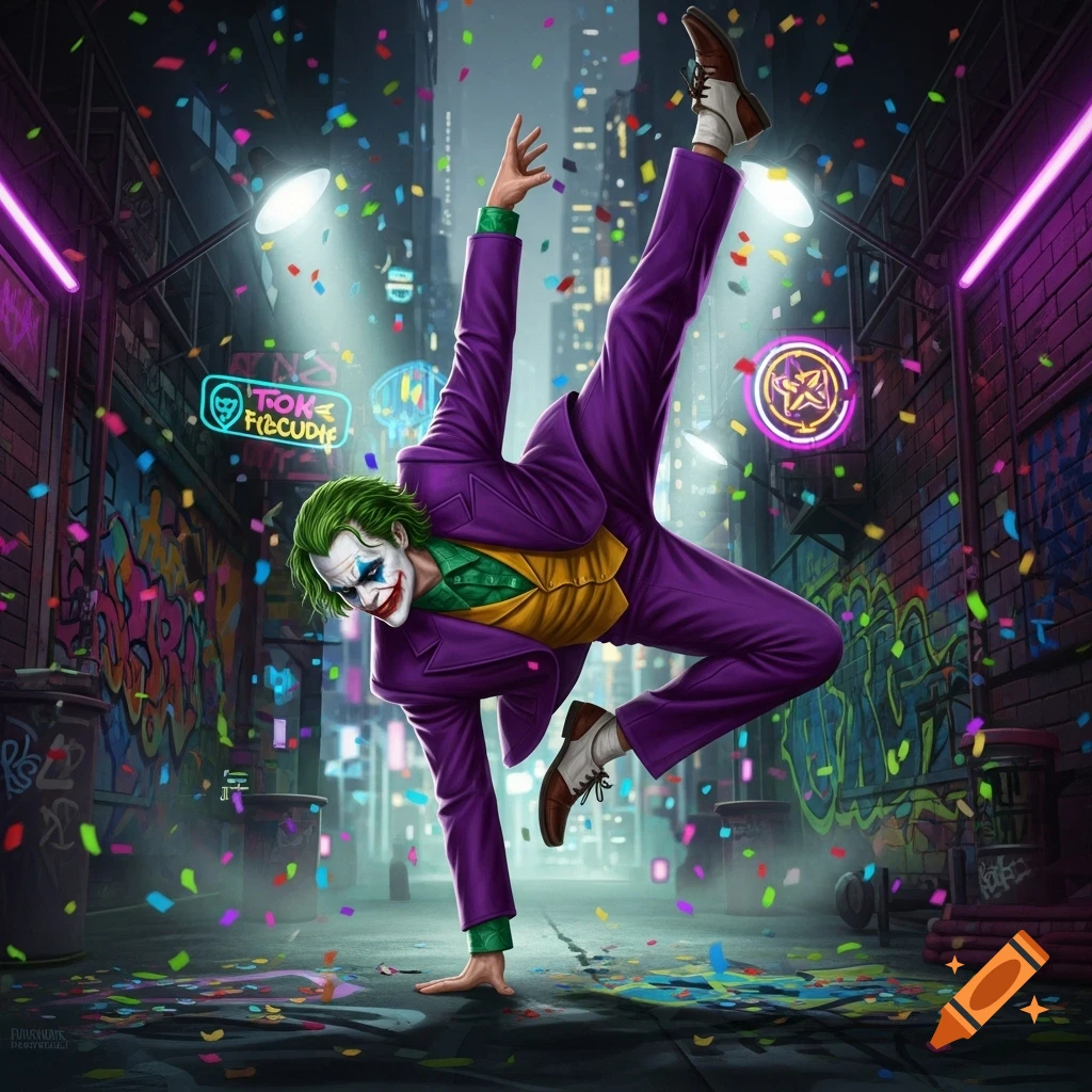 The Joker in a gymnastic pose on one hand in a confetti-filled urban alley with neon lights and graffiti at night.