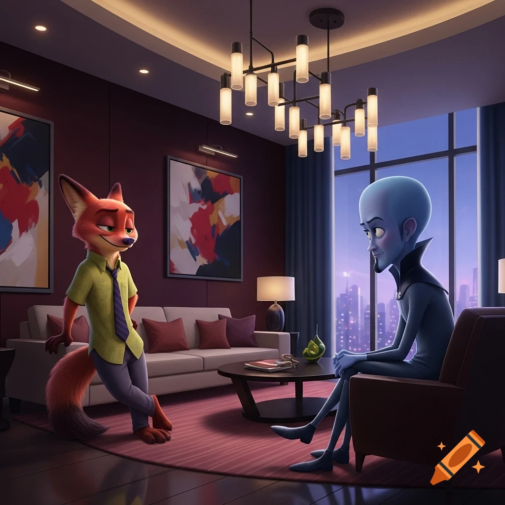 Nick Wilde, a fox in a green shirt and tie, leans casually in a luxurious modern living room, looking at Megamind, a blue alien sitting in an armchair by a window with a city view at night. 3D animation style.
