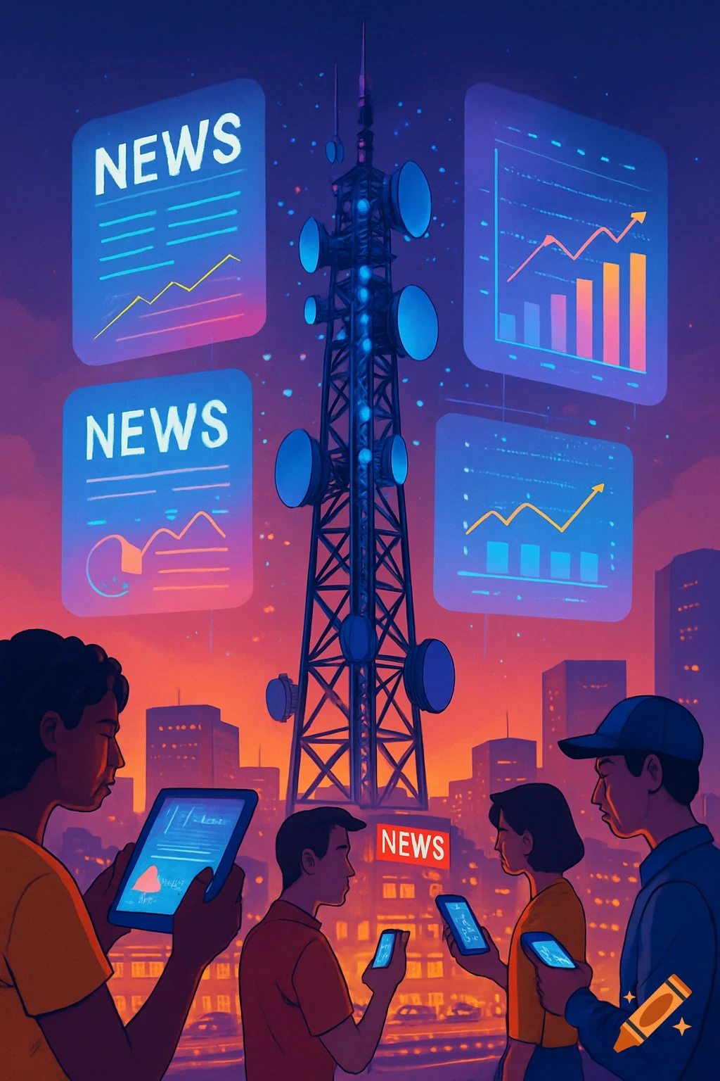 Stylized illustration of people looking at screens with news and data around a communication tower in a city at sunset.