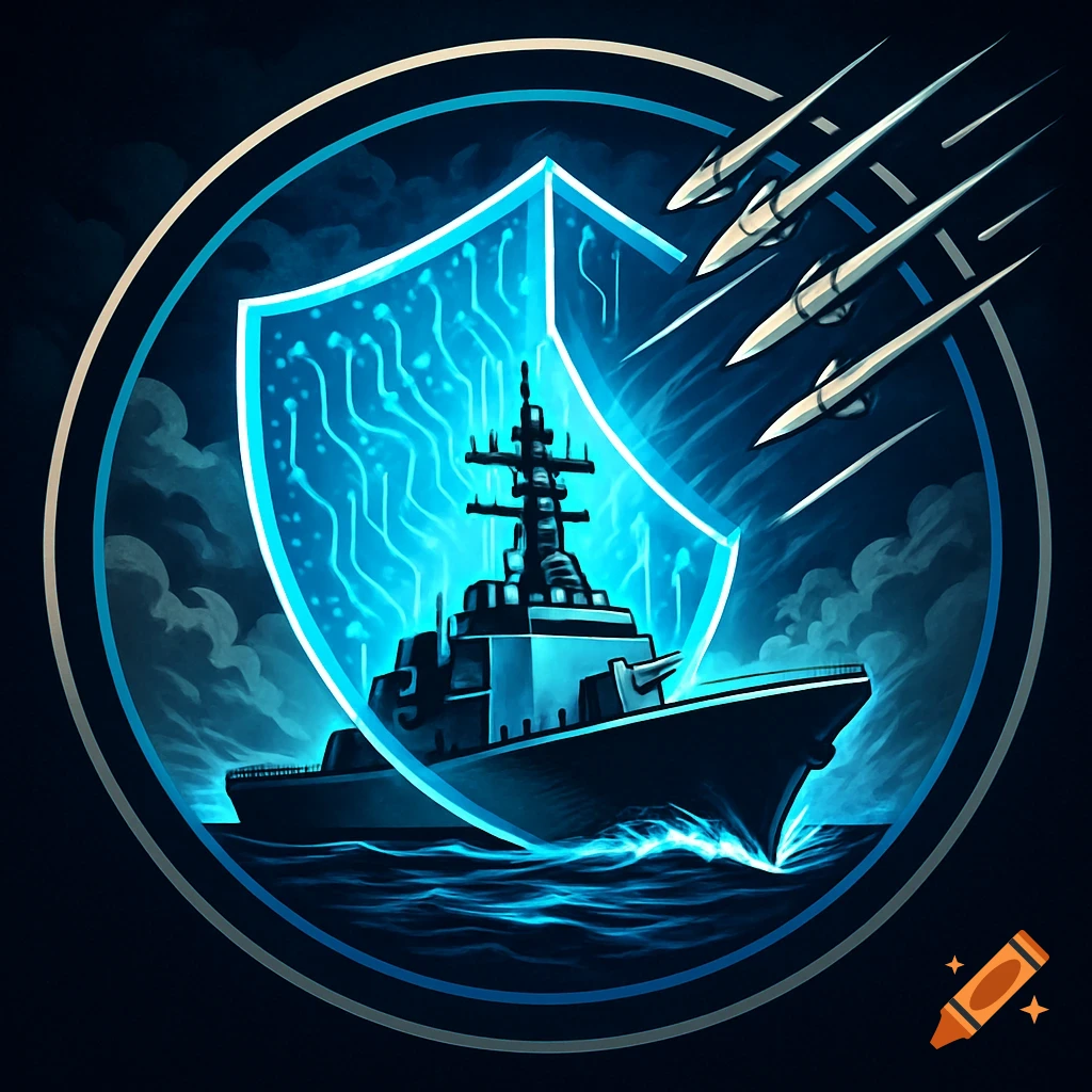 An emblem features a navy ship with a glowing blue electronic shield deflecting incoming missiles on a dark background.
