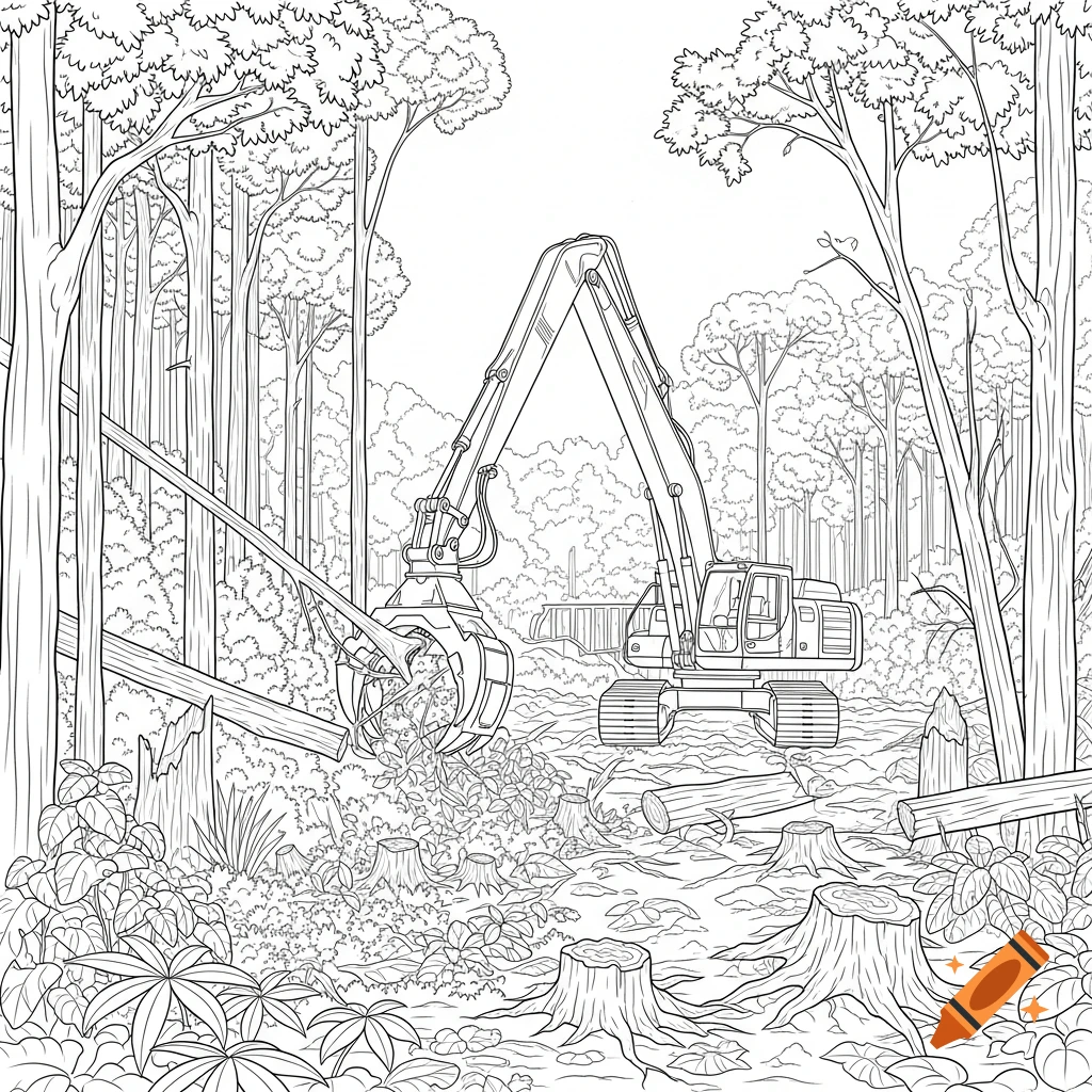 Black and white line drawing of an excavator logging trees in a forest with stumps and cut logs.