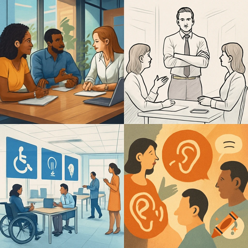 A four-panel illustration showing diverse people in meetings, an office scene with accessibility symbols, and symbolic representations of hearing and communication.