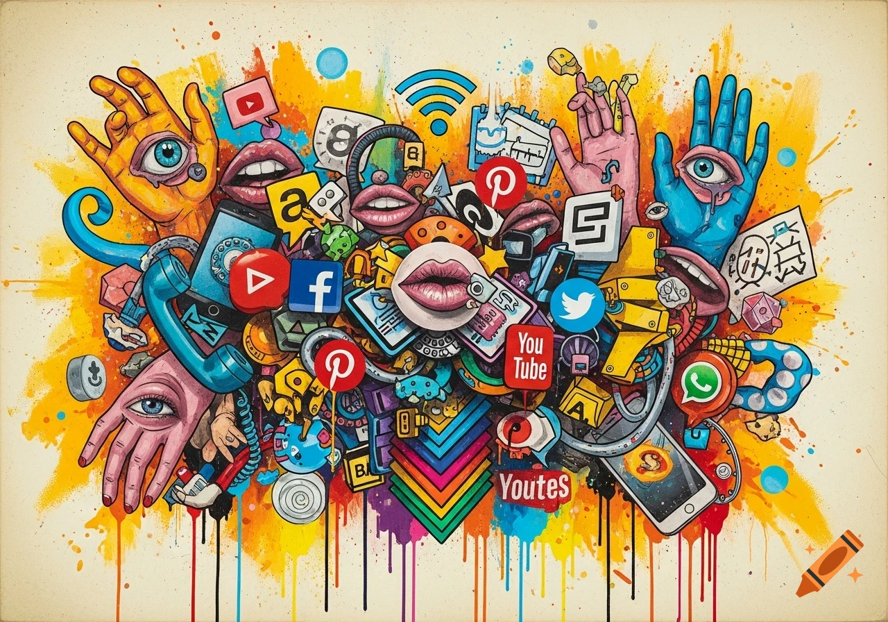 A psychedelic Pop Art collage featuring hands with eyes, lips, and various social media logos like YouTube, Facebook, Pinterest, Twitter, and WhatsApp, with paint dripping at the bottom, on a yellow and orange background.