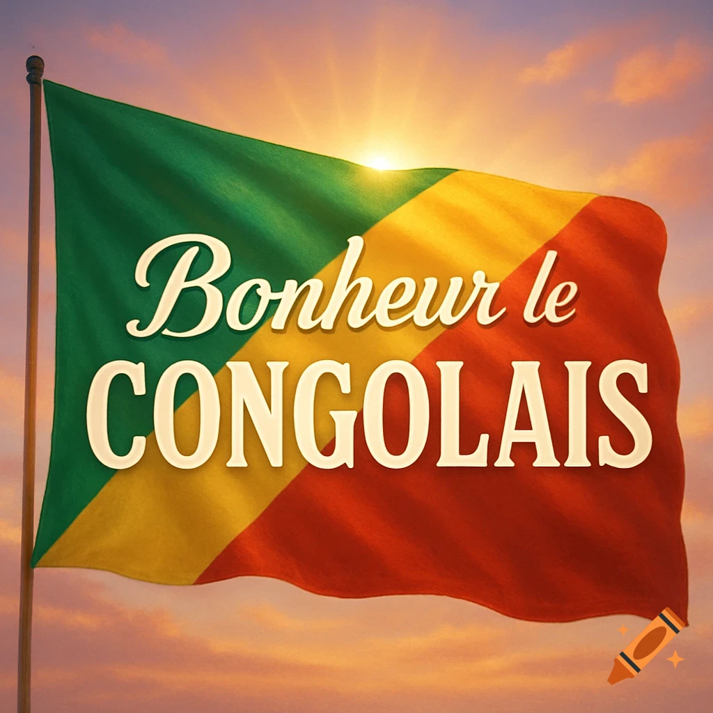 The flag of Congo with text 'Bonheur le CONGOLAIS' waving against a sunset.