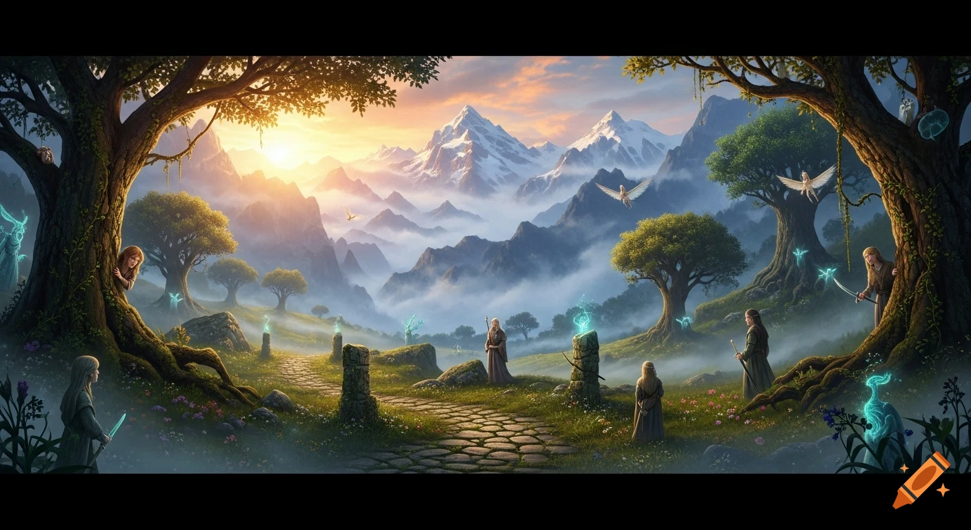 Fantasy landscape with robed figures, glowing magic, majestic mountains, and a sunset over a mystical forest path.