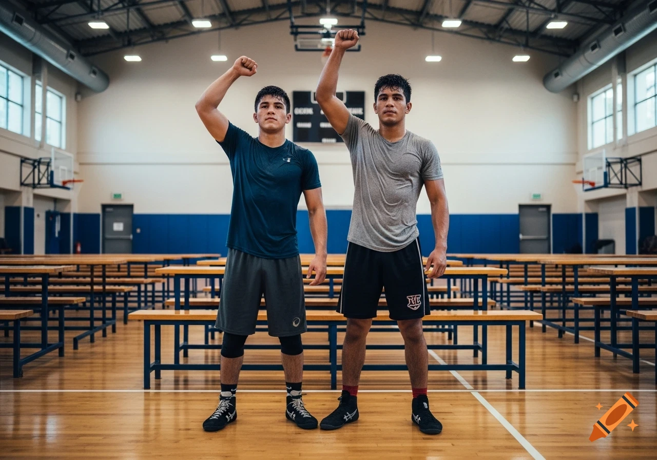 Two muscular wrestlers in a gym, wearing wrestling shoes and sweaty t-shirts, raising their fists in a triumphant pose.