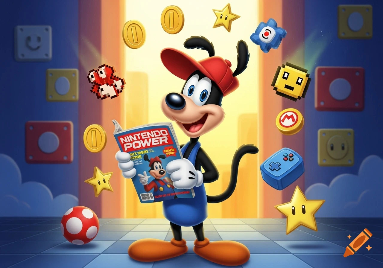 A cartoon dog-like character in a red cap and blue overalls reads a 'Nintendo Power' magazine, surrounded by Mario coins, stars, a mushroom, and other game items in a stylized setting.