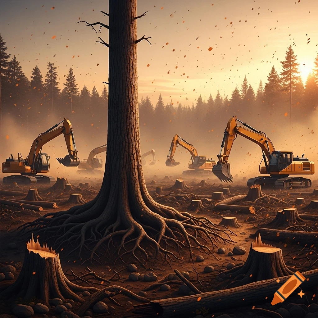 Heavy excavators work in a deforested area with many tree stumps and a large tree with exposed roots, under a dusty orange sky.