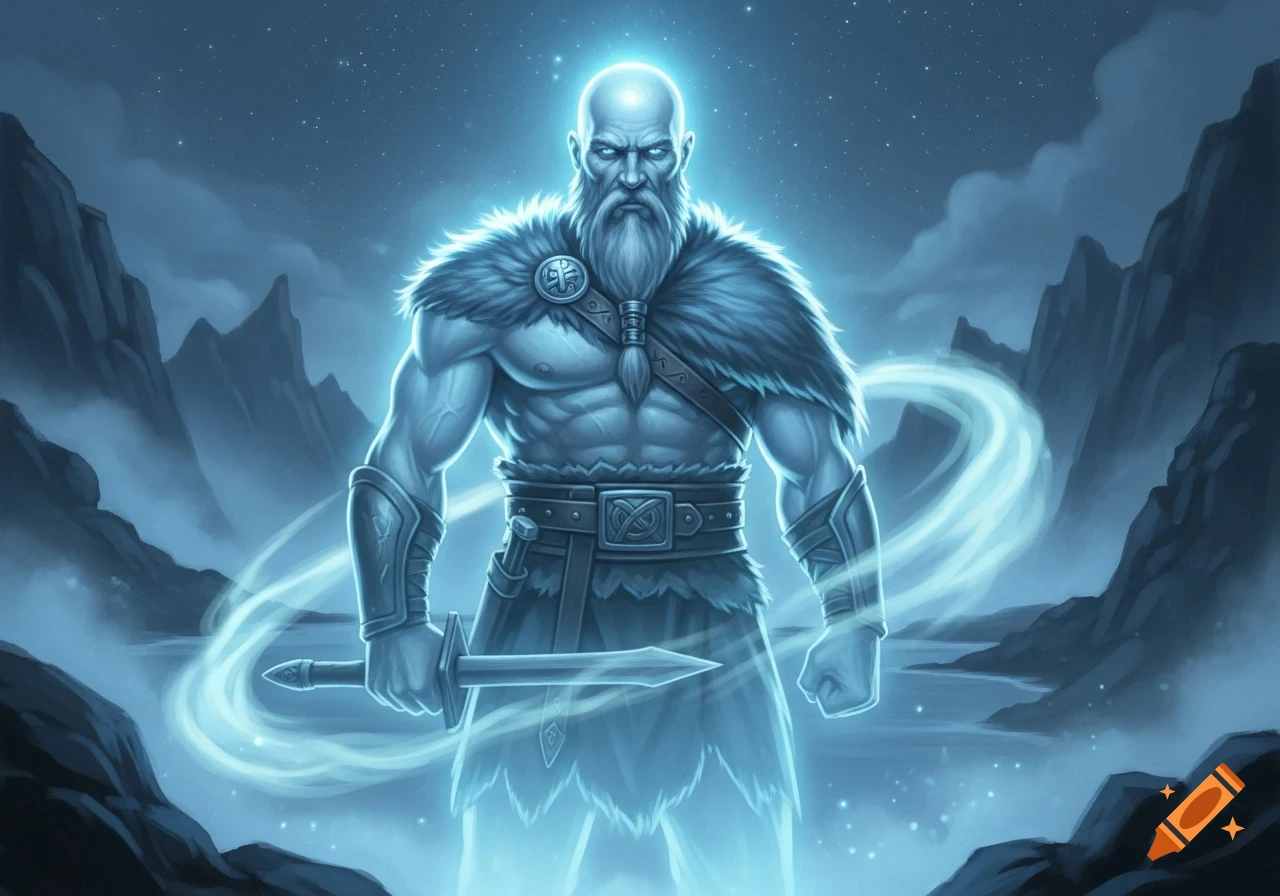 A glowing blue spectral viking warrior with a beard and fur cloak holds a sword, standing in a misty, mountainous night landscape.