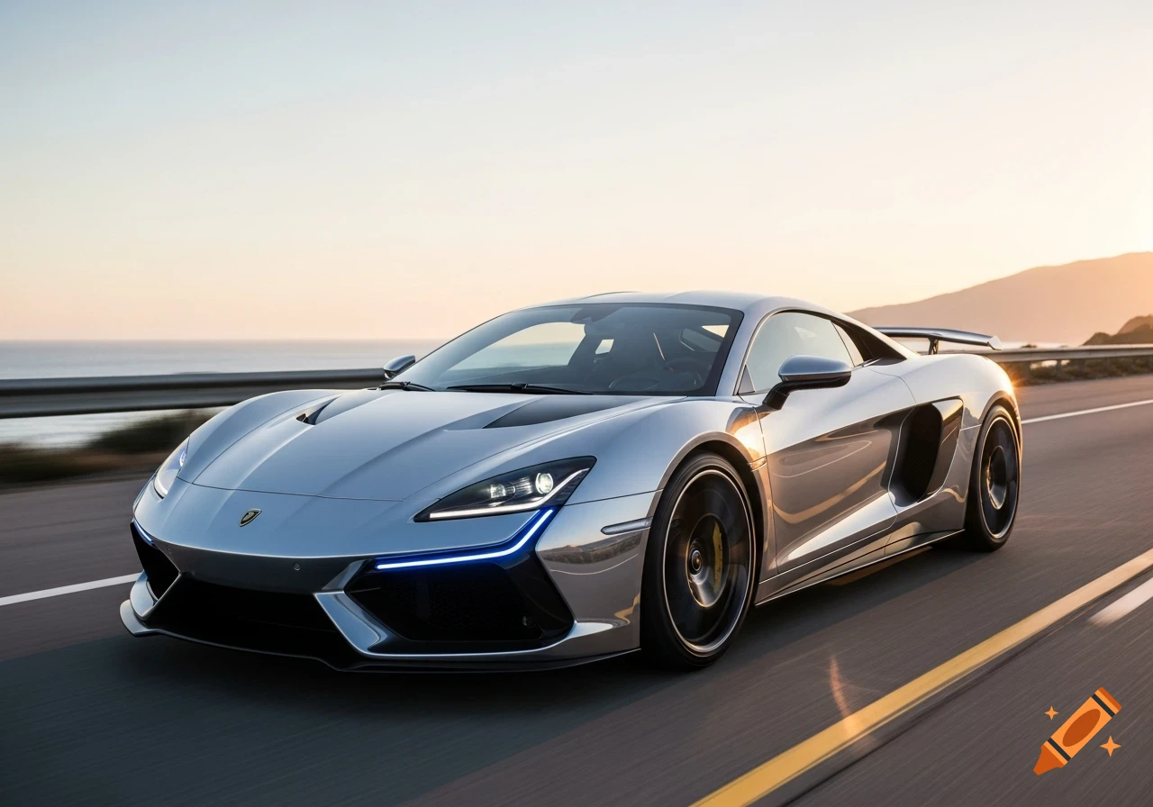 A sleek silver sports car drives along a coastal road at sunset with mountains in the background.