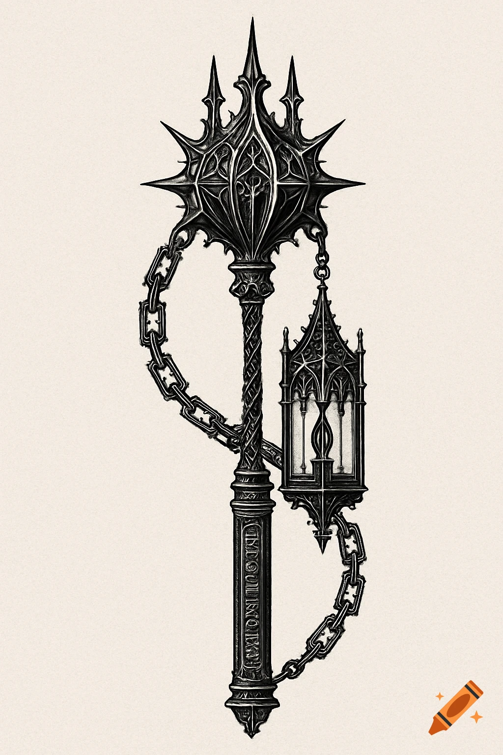 A gothic morning star, designed like a reliquary, with a delicate chain and a sacred lantern, in blackwork tattoo style.