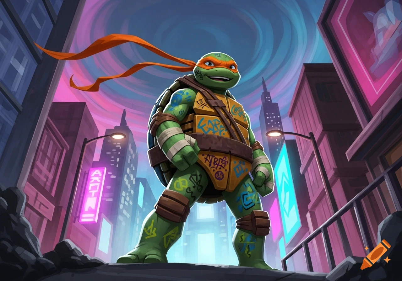 Michelangelo from TMNT stands confidently in a neon-lit city at dusk in a vibrant animated style.