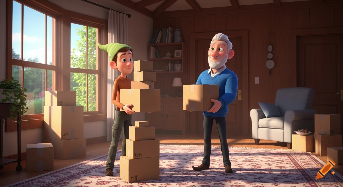 Two animated men, one younger in an elf hat and one older, carry and stack cardboard moving boxes in a sunlit, cozy room in Pixar style.