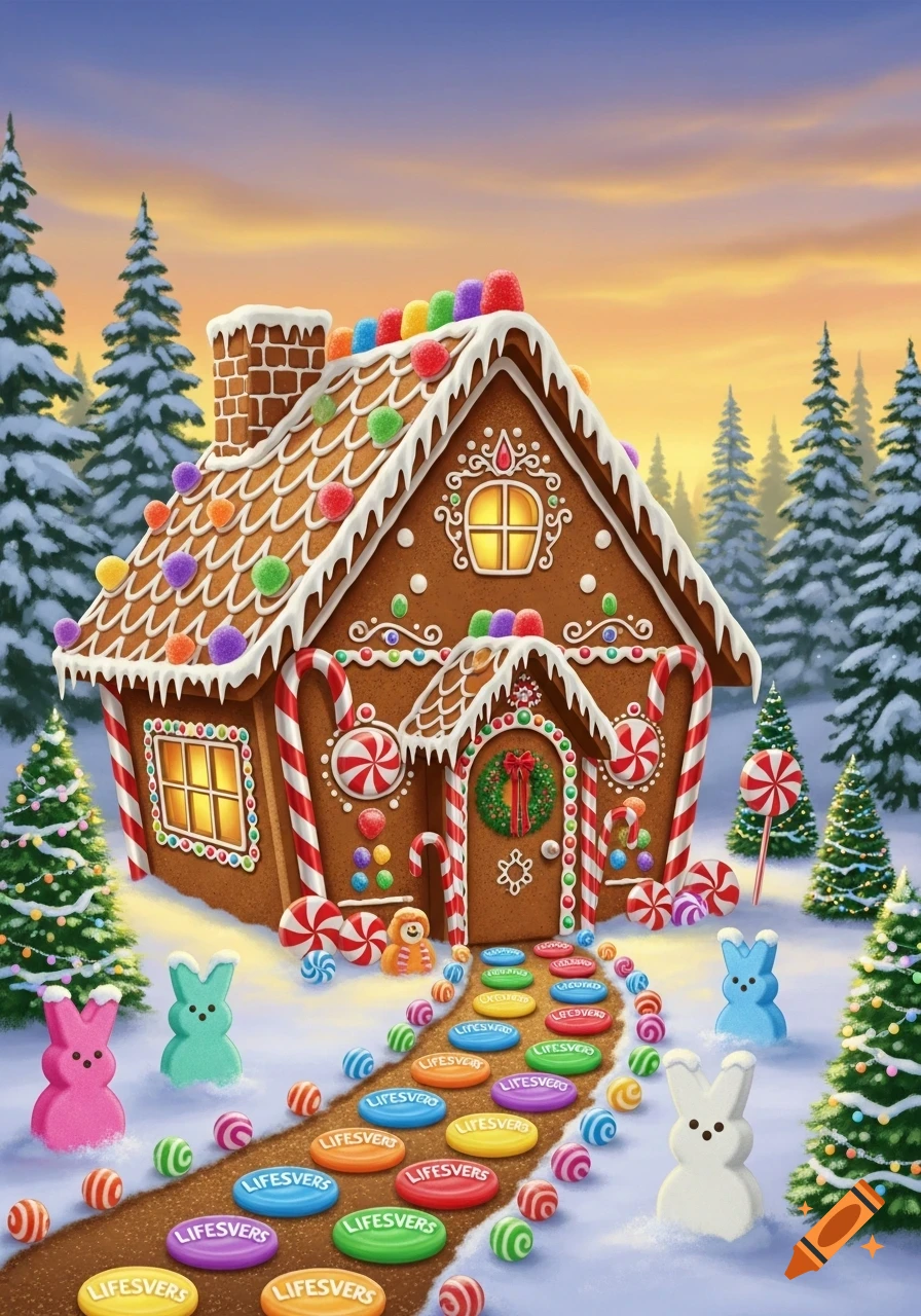 A whimsical gingerbread house decorated with colorful candies and candy canes, surrounded by snow, pine trees, and marshmallow Peeps, under a sunset sky.