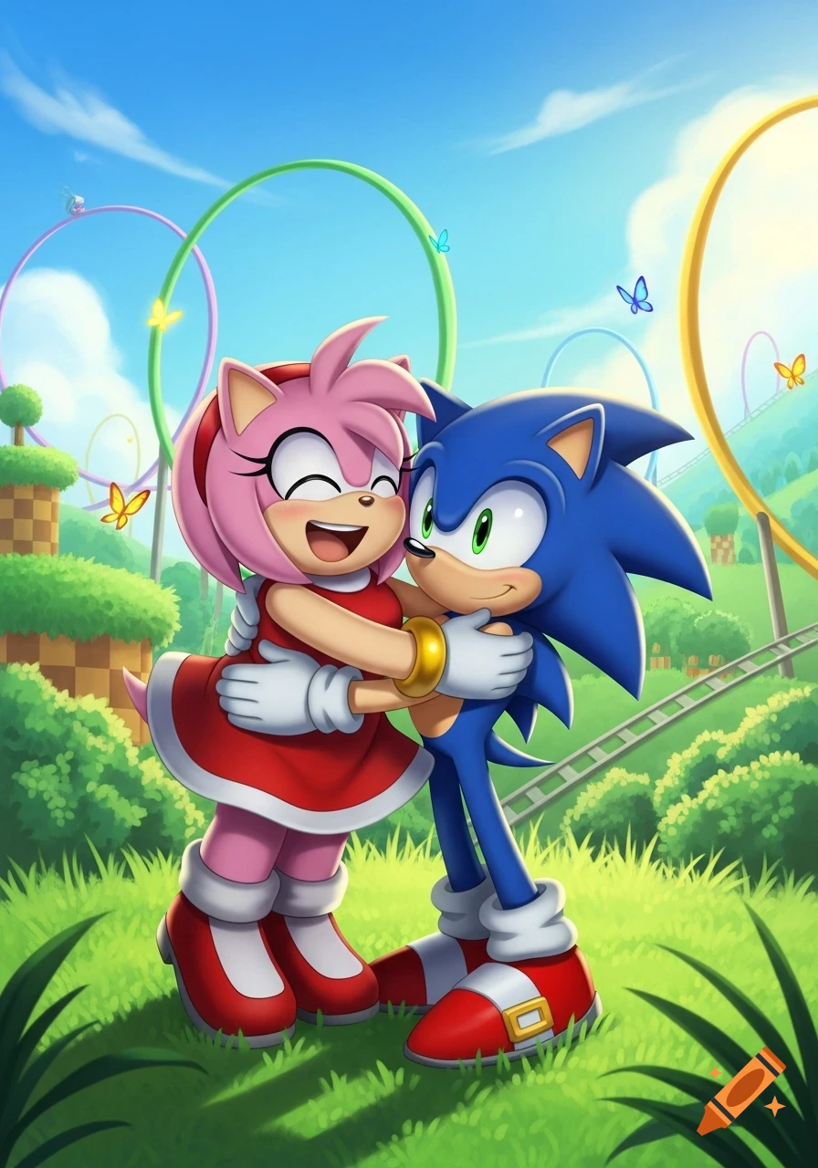 Cartoon Amy Rose hugging Sonic in a vibrant green field with colorful loops and platforms in the background.