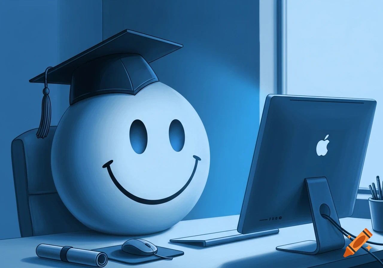 A blue monochrome illustration of a smiley face wearing a graduation cap, sitting at a desk with a computer and a diploma scroll.