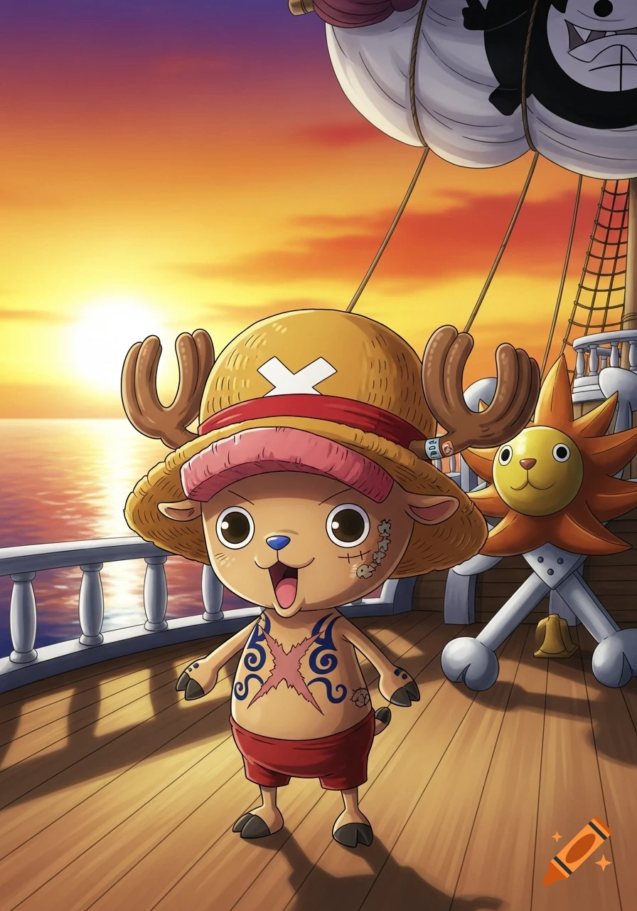 Anime illustration of Tony Tony Chopper from One Piece on a ship deck, wearing a straw hat and tattoos, during a colorful sunset.