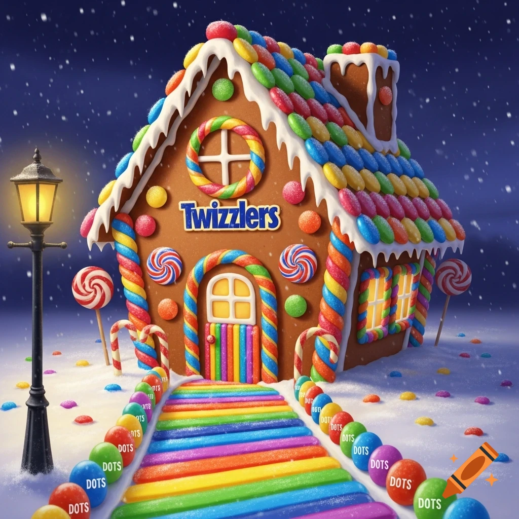 A vibrant gingerbread house decorated with colorful candies like Twizzlers and Dots, a rainbow path, and a lamp post, set in a snowy night.