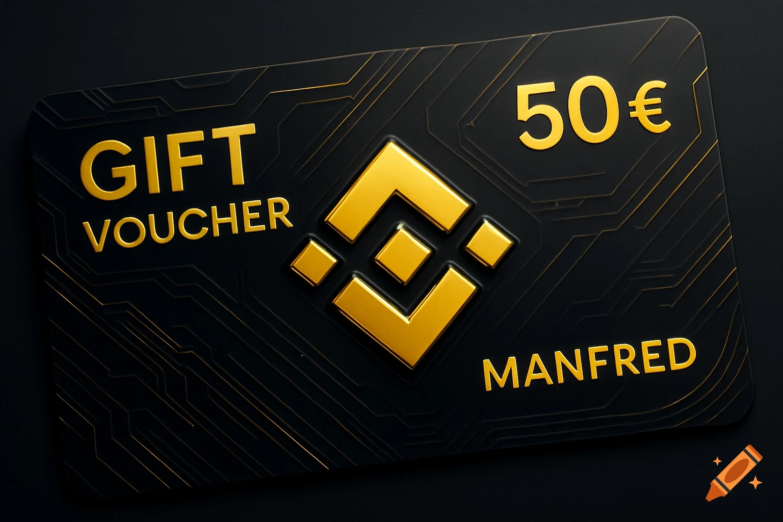 A black and gold gift voucher with the Binance logo, 'GIFT VOUCHER', '50 €', and 'MANFRED' in a sleek, modern style.
