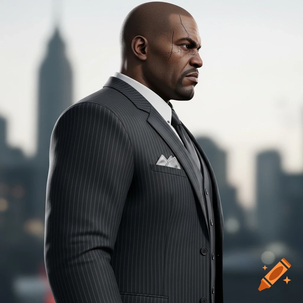 Photorealistic profile portrait of a bald, muscular Black man with facial scars wearing a pinstriped three-piece suit against a blurred cityscape.