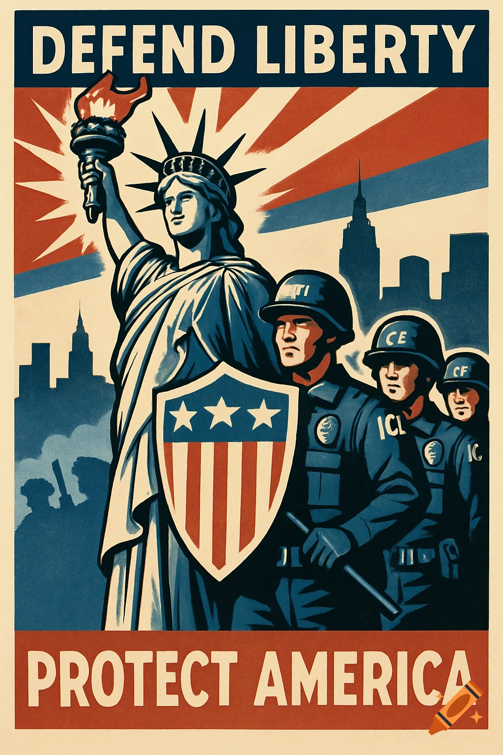 A stylized poster depicts Lady Liberty holding a torch, standing beside three police-like agents with a shield featuring three stars and red stripes. Text at the top reads "DEFEND LIBERTY" and at the bottom "PROTECT AMERICA." In the background, a cityscape is visible.