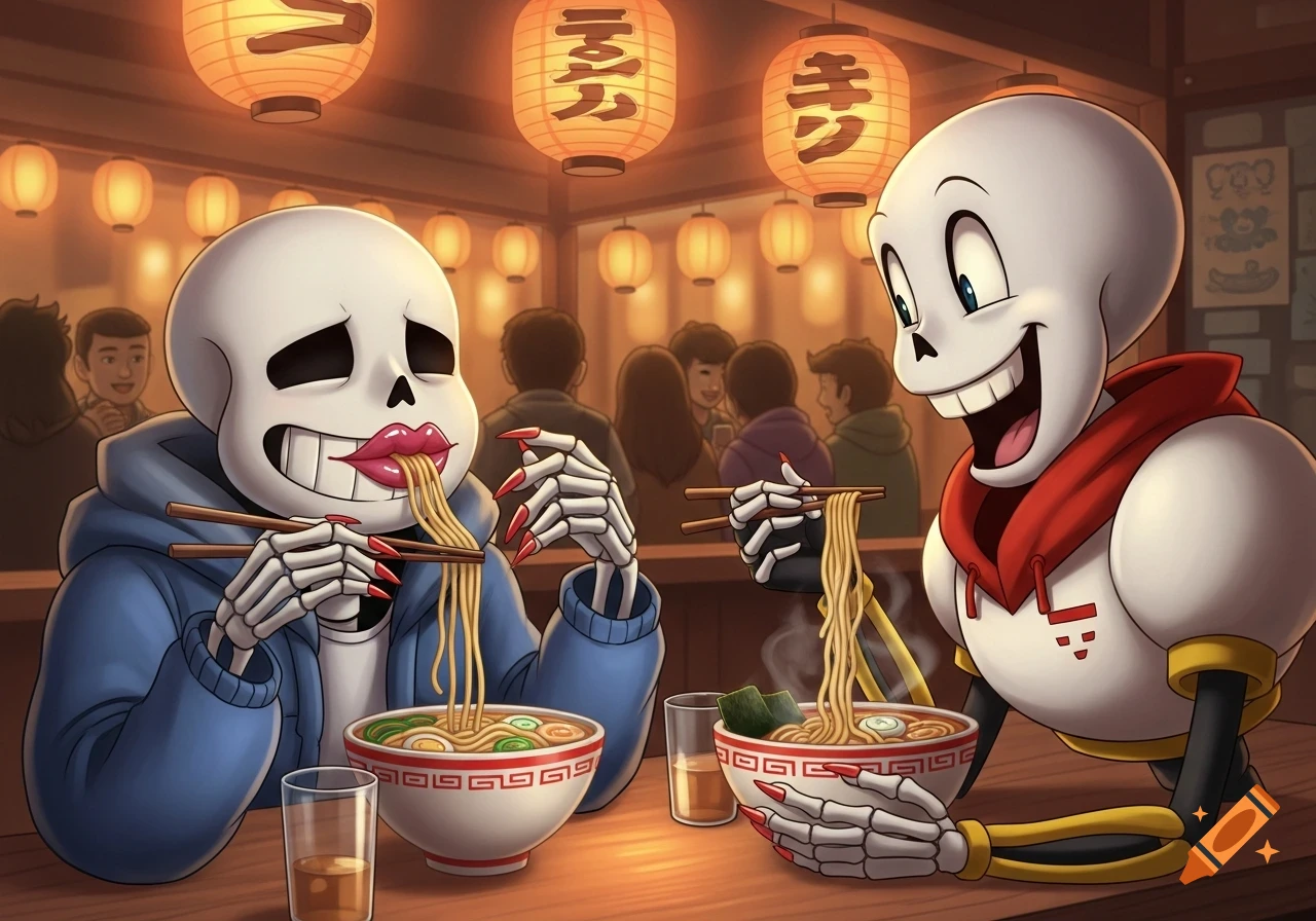 Sans with long red nails and big red lips eats ramen with Papyrus in a bustling ramen restaurant with lanterns, anime style.