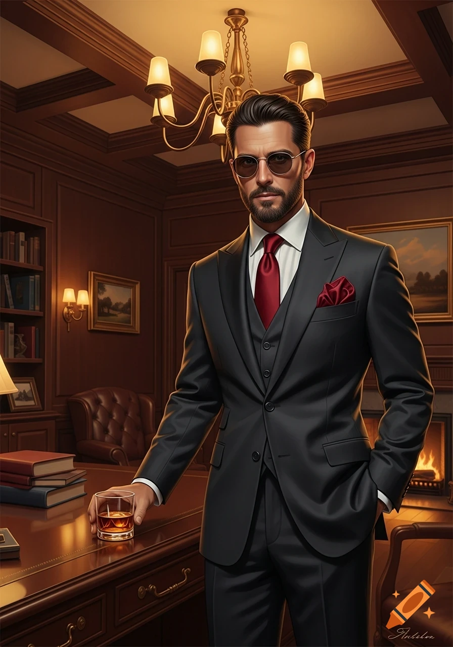 A stylish man in a black suit and sunglasses, holding a glass of whiskey in a richly decorated office.