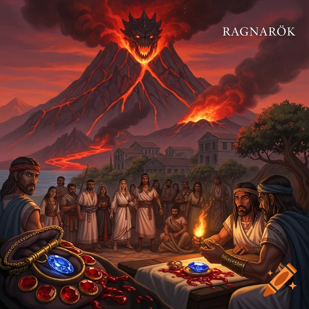 Illustrated scene of ancient villagers with gems, facing an erupting volcano with a dragon-like face in the smoke under a red sky.