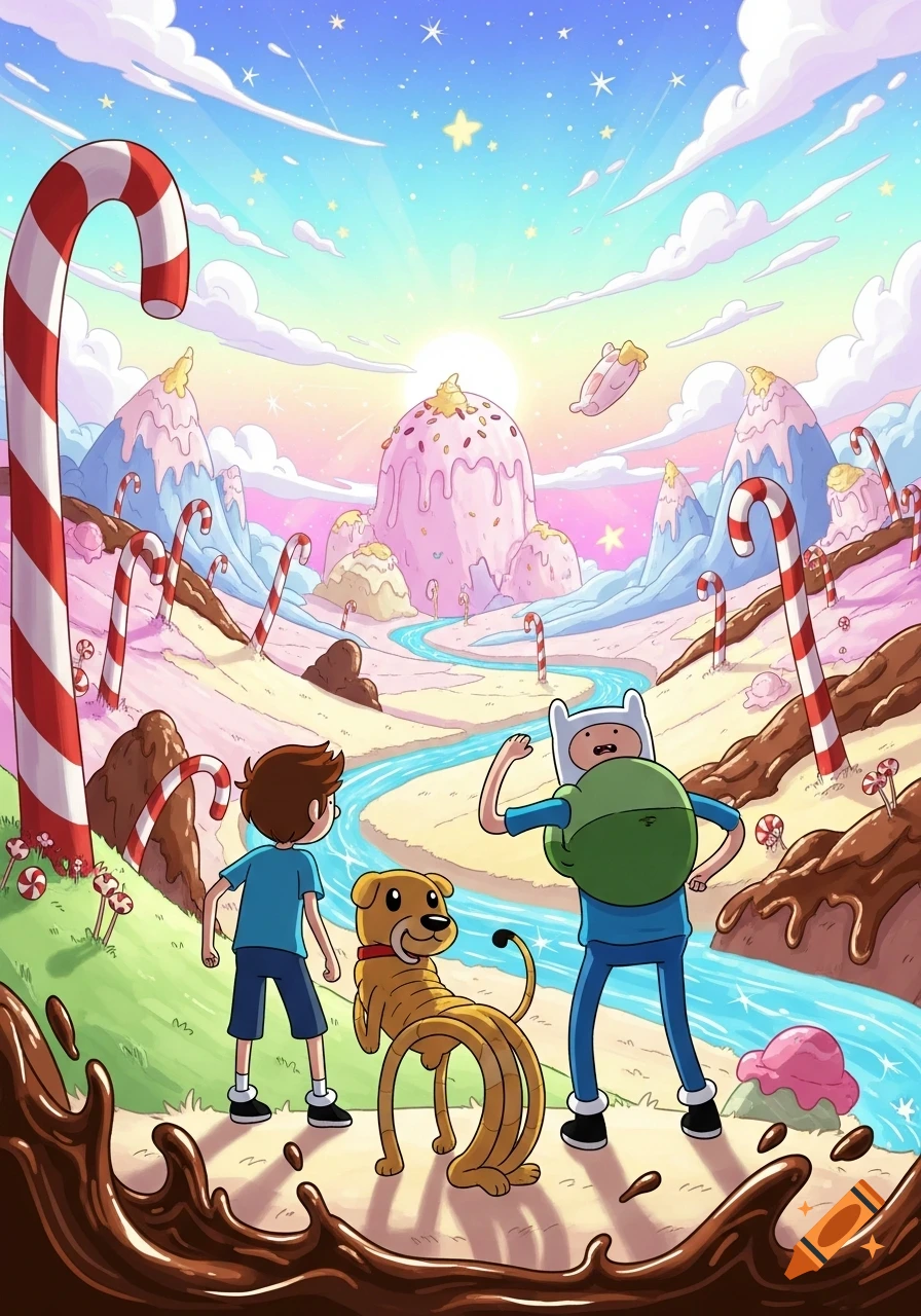 Finn, a brown-haired boy, and Jake the dog explore a vibrant cartoon candy land with chocolate rivers and candy cane trees.