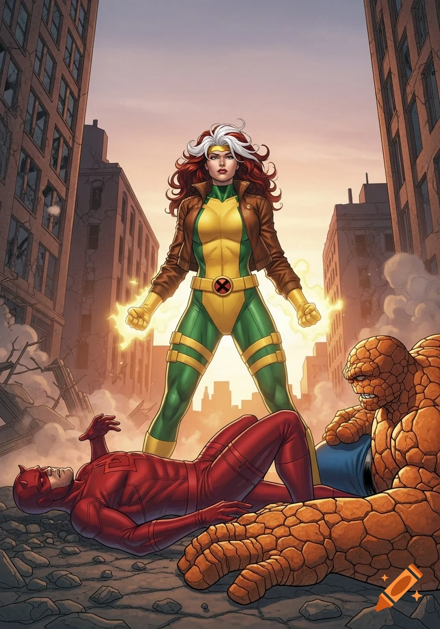 Rogue stands triumphantly over defeated Daredevil and The Thing amidst a destroyed city, in a comic book art style.
