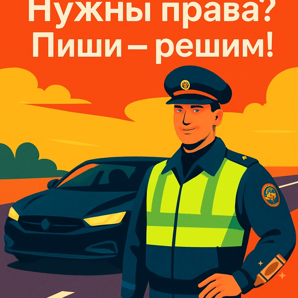Flat illustration of a smiling police officer by a car, with Russian text 'Need a license? Write - we'll solve it!' under an orange sky.