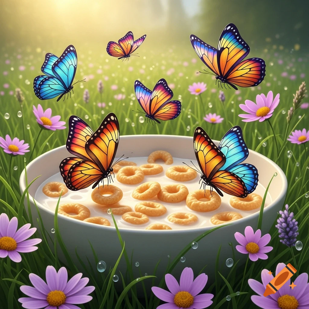 Vibrant butterflies flying around a bowl of cereal O's and milk in a lush, green field with purple flowers.