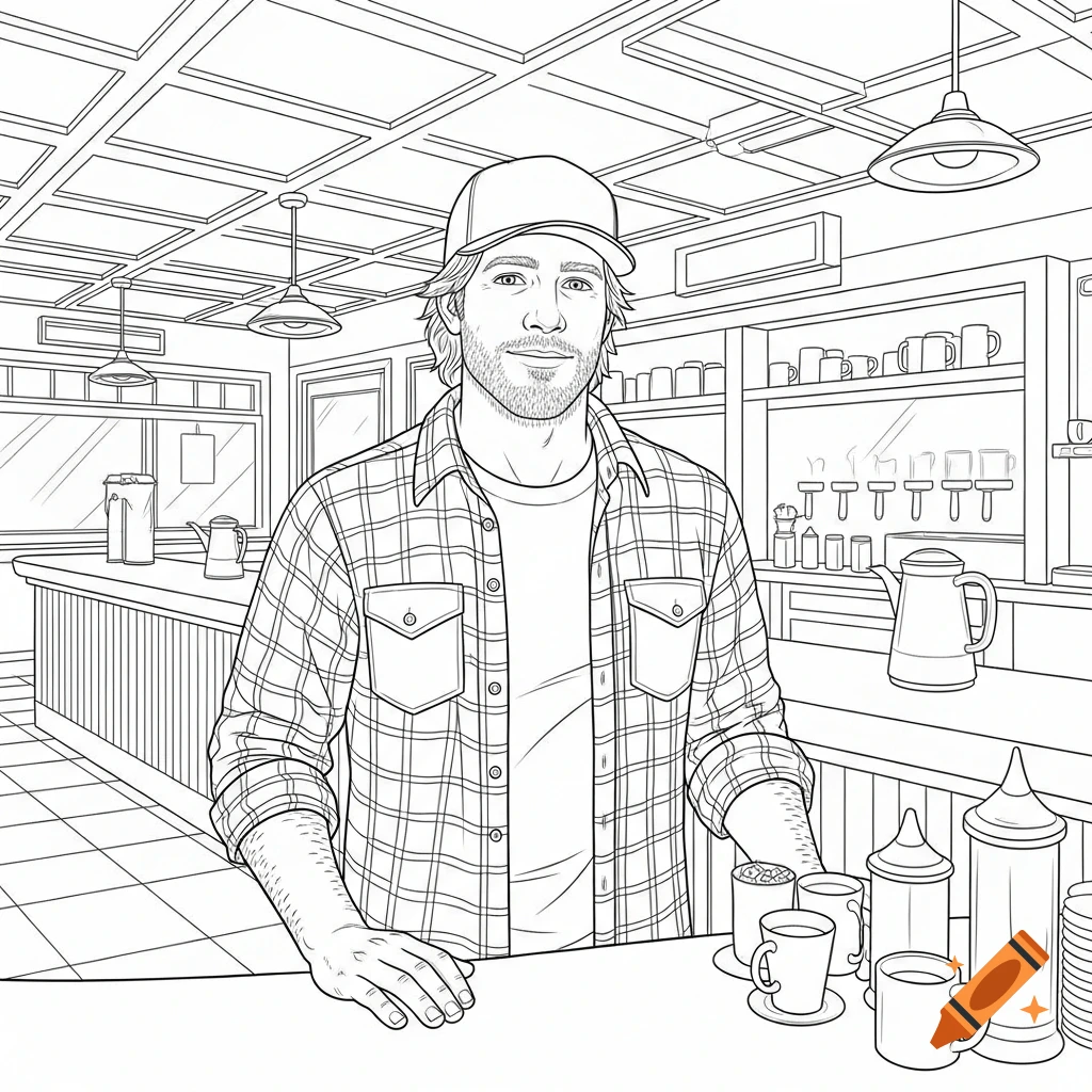Line art coloring page of a man with a beard and baseball cap behind a diner counter, surrounded by cups and coffee pots.