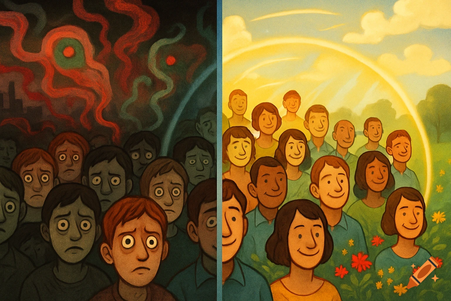 A split illustration showing a fearful crowd with dark entities on the left, and a happy, protected crowd in a sunny field on the right.
