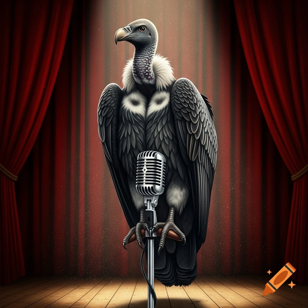 A photorealistic vulture stands center stage behind a vintage microphone, with red curtains and a spotlight.