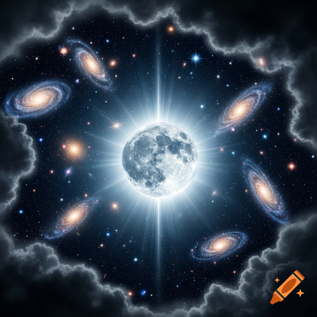 A luminous full moon with radiating light, framed by dark clouds, surrounded by spiral galaxies in a starry deep space.