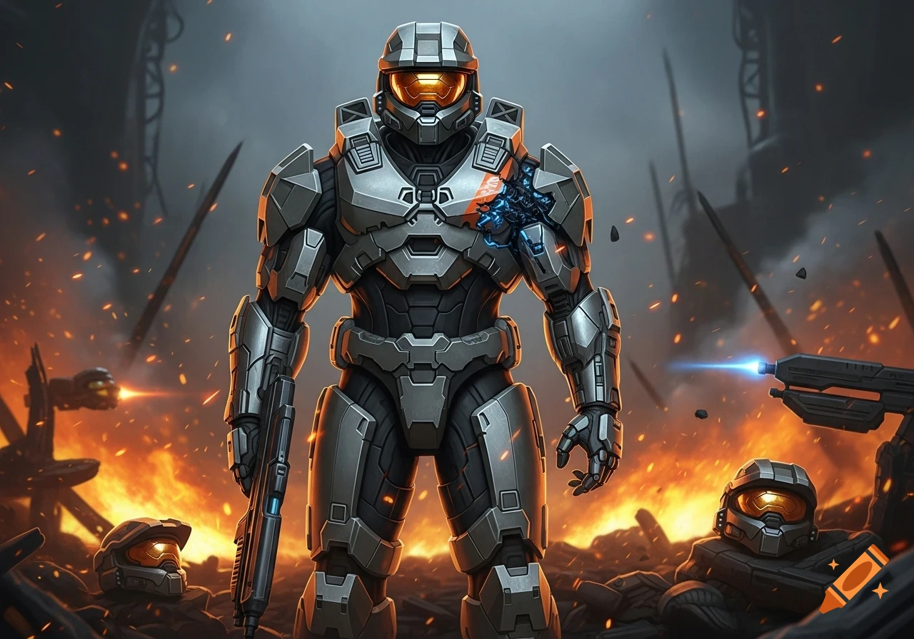 A heavily armored Halo Spartan soldier stands amidst a burning, debris-strewn battlefield, holding a futuristic rifle, with other destroyed helmets around.