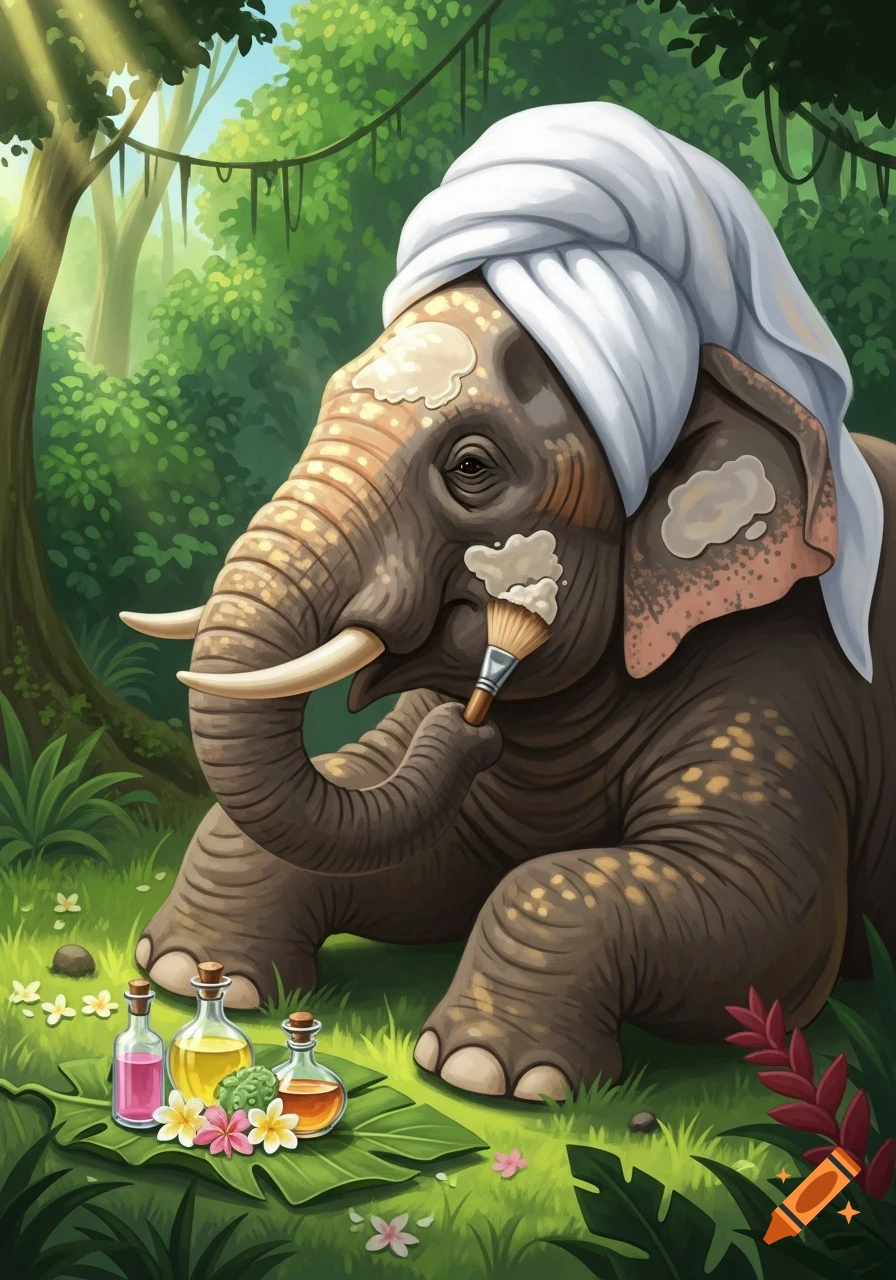 A cartoon elephant with a white towel on its head applies cream to its face with a brush, surrounded by spa oils and flowers in a lush jungle.