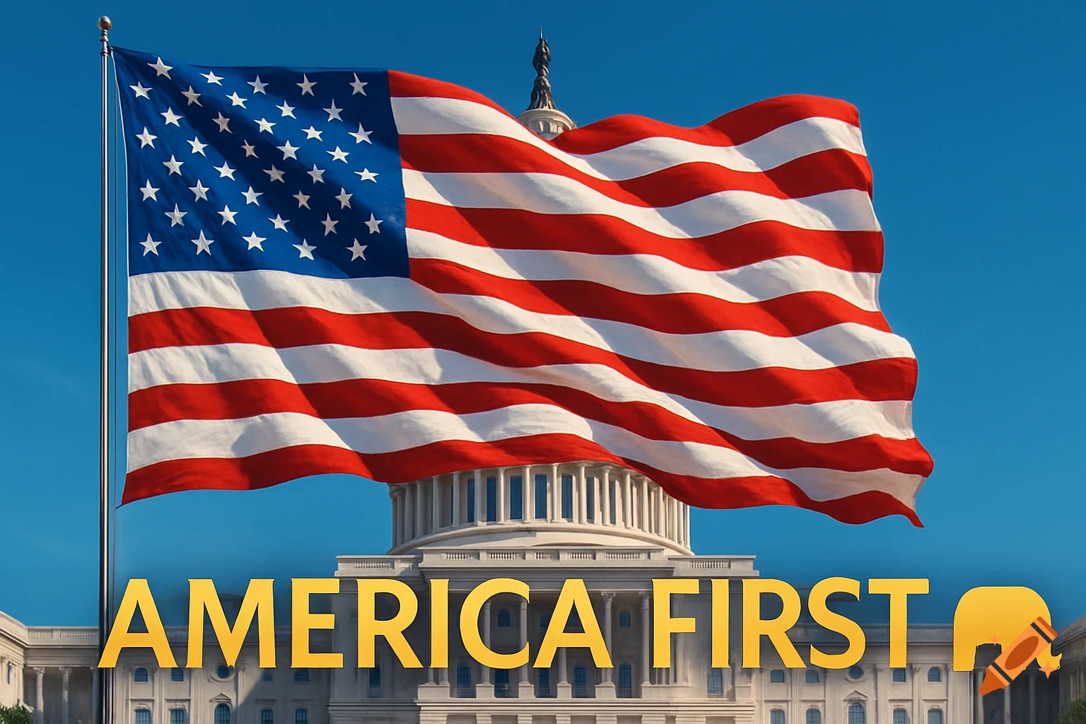 Photorealistic image of a large American flag waving over the US Capitol building, with 'AMERICA FIRST' text and an elephant symbol below.