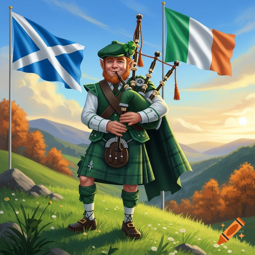 A stylized leprechaun in a green kilt plays bagpipes on a hill, flanked by Scottish and Irish flags, with mountains under a sunny sky.