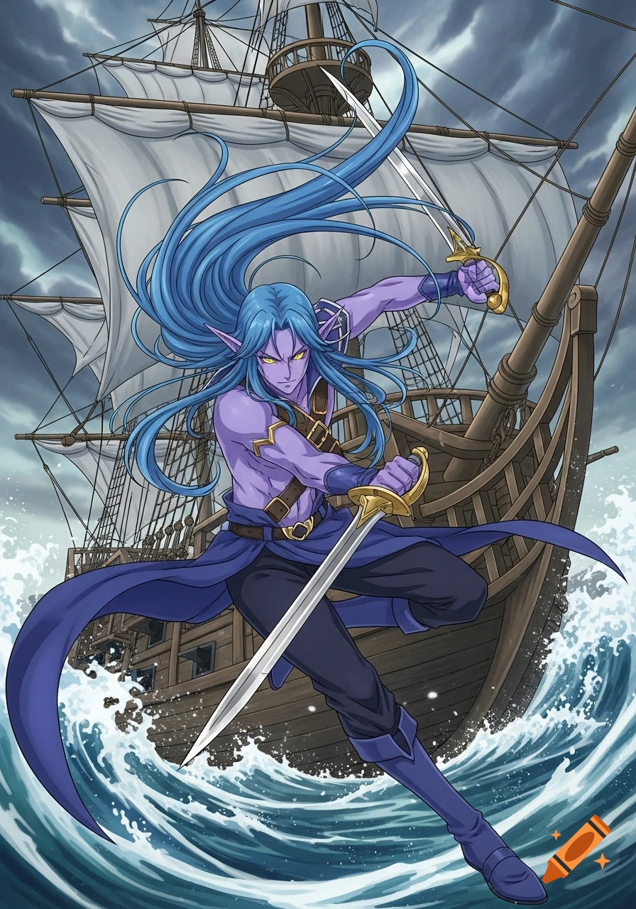 Anime style illustration of a purple-skinned elf with blue hair and yellow eyes, dual-wielding swords on a pirate ship in rough seas.