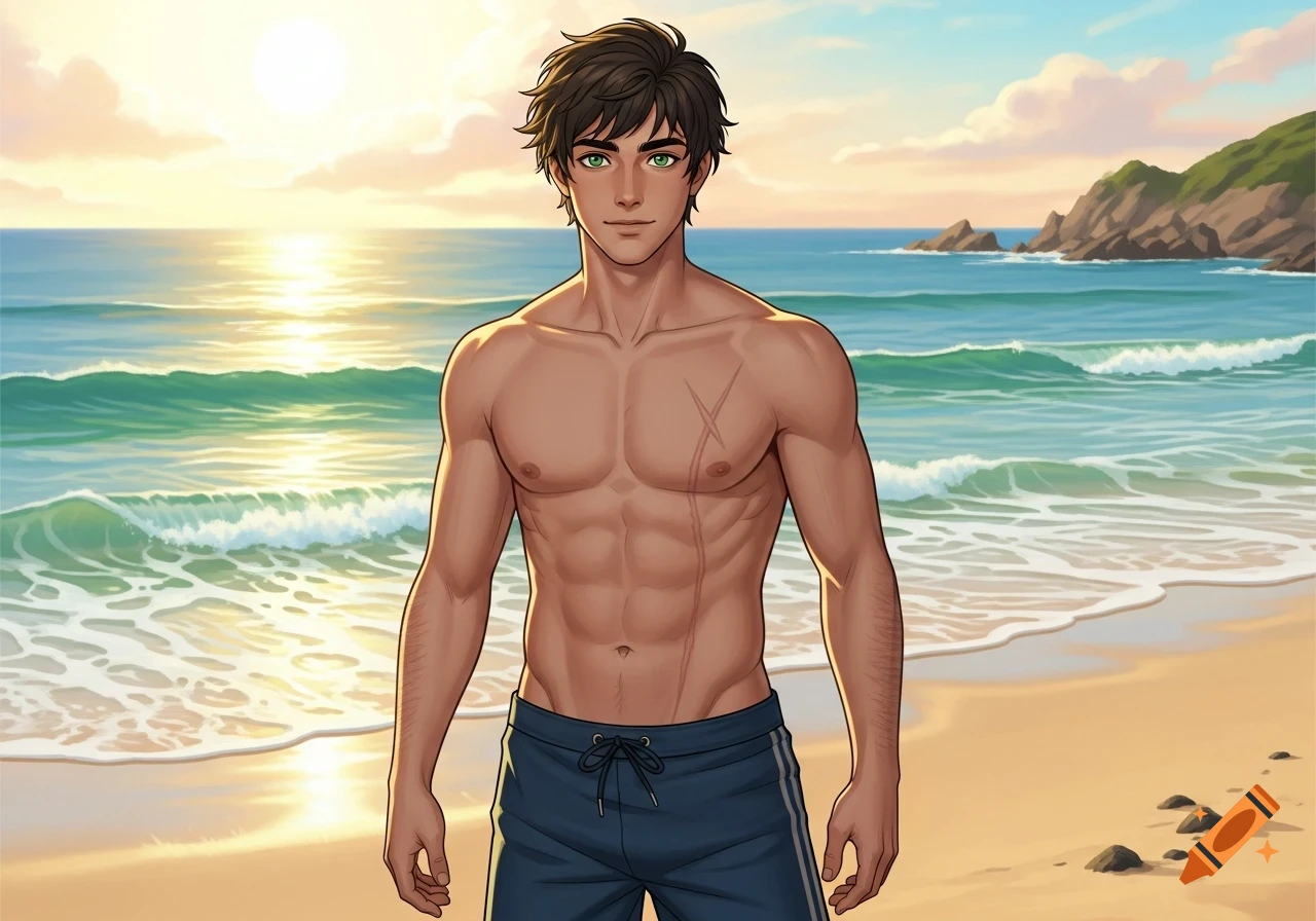 Illustrated man with dark hair, green eyes, and scars, wearing swim trunks on a sunlit beach with ocean waves.