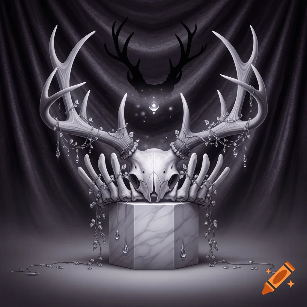 A stylized bone crown made from a deer skull and bones, adorned with large antlers and vines, sits on a marble pedestal against a dark, draped background.