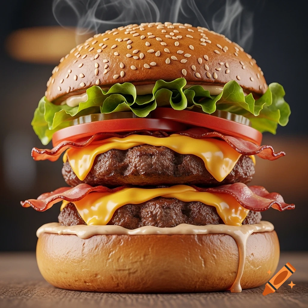 A steaming, hyper-realistic gourmet double cheeseburger with melting cheddar, crispy bacon, lettuce, tomato, and sauce dripping from a brioche bun.