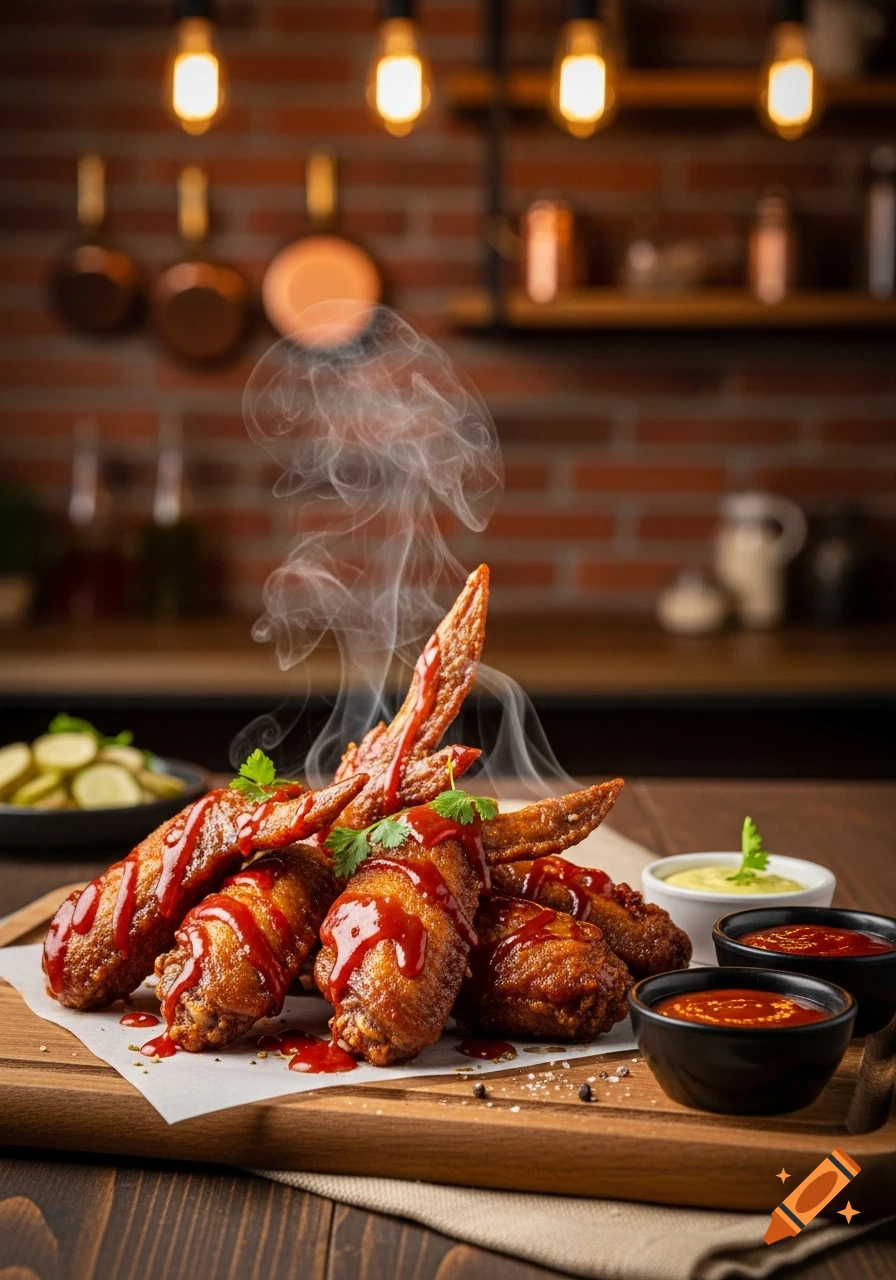 Close-up of steaming fried chicken wings covered in barbecue sauce, served on a wooden board with dipping sauces and pickles in a kitchen.