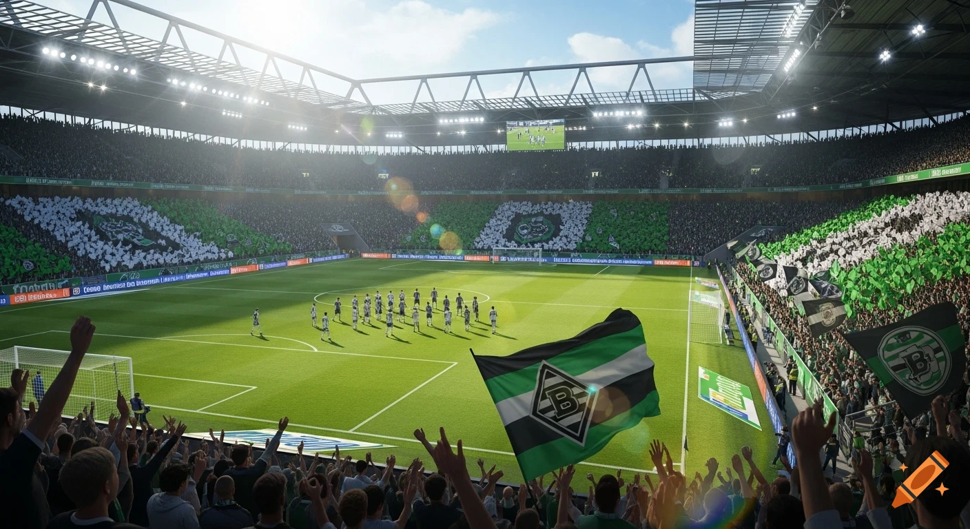 A sunlit soccer stadium filled with cheering fans in green and white, with players on the field and a large flag in the foreground.